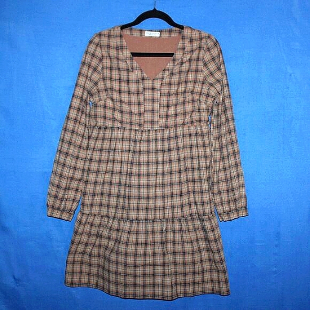 Paper Crane Plaid Tiered Mini Dress V-Neck Small